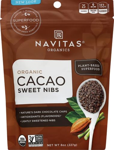 Image of Navitas Organics Cacao Nibs - Sweetened Dark Chocolate Crunch - Antioxidants, Minerals, Fiber - For Trail Mix, Baking & More - USDA Organic, Fairtrade, Non GMO, Gluten Free, Non-alkalized (8oz. Bag 57 Servings)