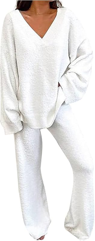 2 piezas Lounge Set Mujer Casual V Neck Long Sleeve Loungewear Sets with Soft Wid Leg Trousers Pijama suave Ropa de dormir
