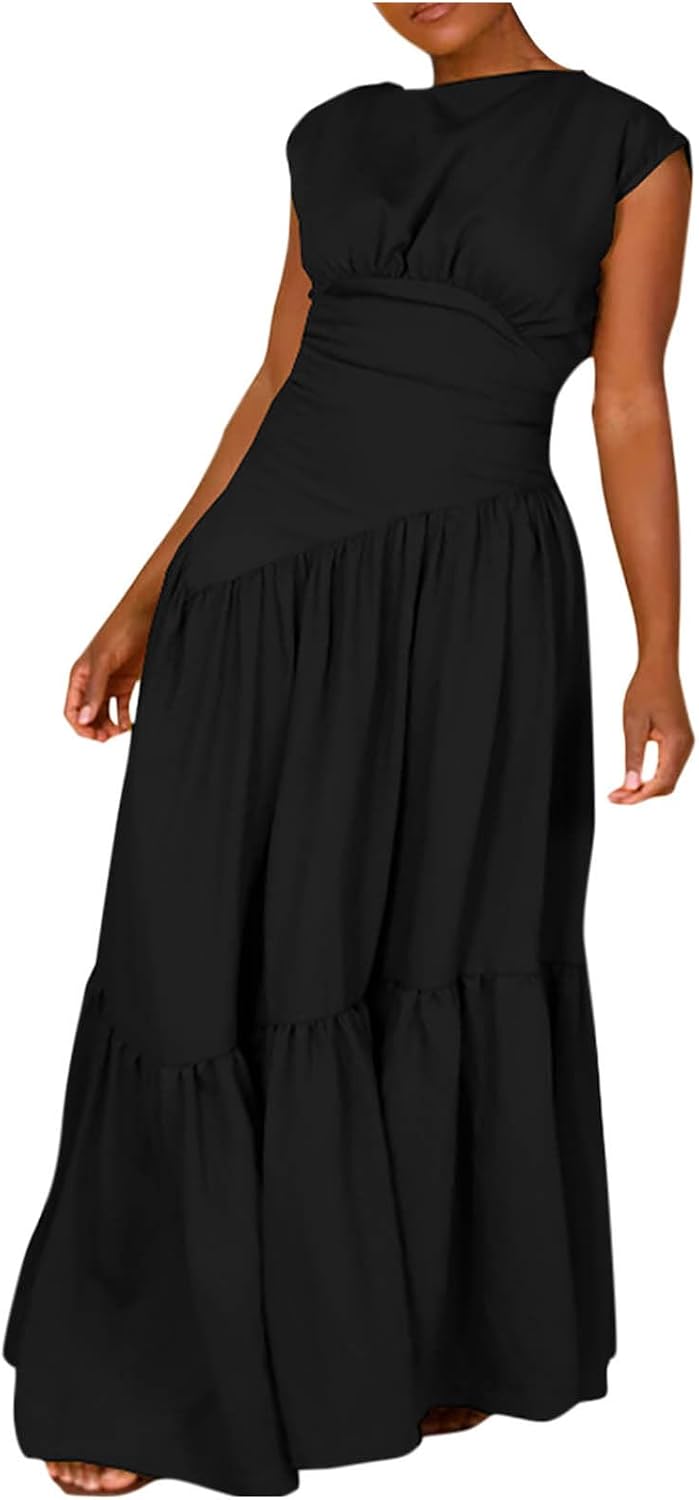 Women's Cocktail Dresses Dressy Casual Loose Sleeveless Ruffle Hem Pleated Flowy Long Maxi Dress Evening Party Dress