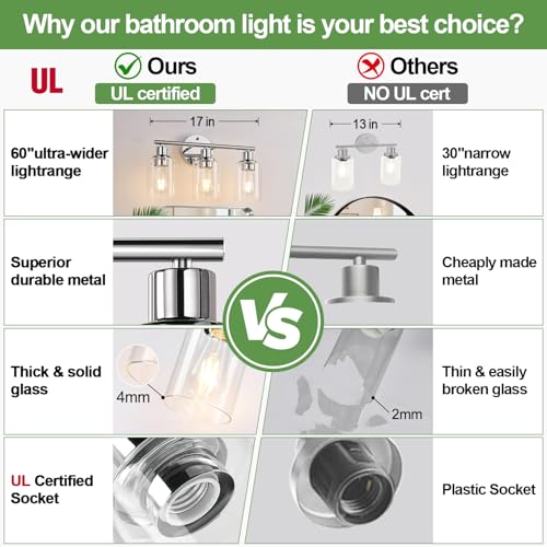 Image of Zarbitta 3-Light Bathroom Light Fixtures, Chrome Bathroom Wall Light with Clear Glass Shade, Bathroom Wall Lamp for Mirror Kitchen Living Room Hallway Cabinet