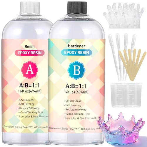 Epoxy Resin Kit 32OZ - Crystal Clear Resin Epoxy Kit No Yellowing No Bubbles Easy Mix 1:1 Deep Pour Casting for Art, Jewelry, Crafts, Molds, River Tables, DIY Gifts