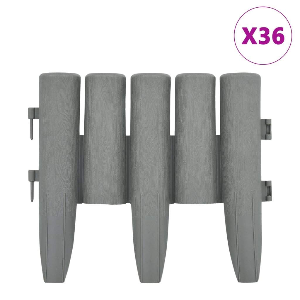 Lot de 36 bordures de pelouse grises en polypropylène - Longueur : 10 m - Robuste - Pour pelouses et parterres de fleurs - Bordure de pelouse résistante aux UV - Design bois pour l'aménagement