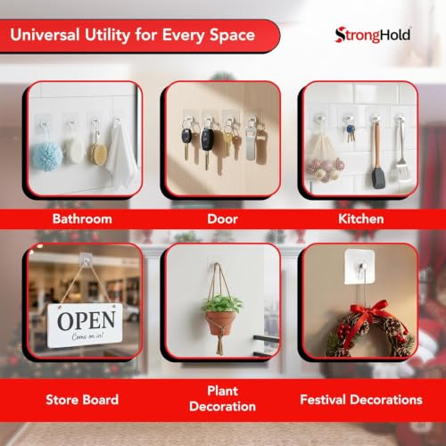 Image of StrongHold Self Adhesive Wall Hooks Without Drilling - 40 Pcs Heavy Duty Transparent Hooks for Photo Frames, Wall Clocks, Keys & Home Decor, Nail Free Damage Free Hanging Hooks