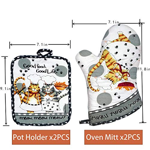 Lnqukeji Oven Mitts And Pot Holders Sets, Funny Kitchen Oven Mitts Heat Resistant Of 500 Degrees, Pure Cotton Hot Pads And Oven Mitts Sets For Baking,Cooking,Bbq Grilling-White Cat(4Pcs Set) #TOP6