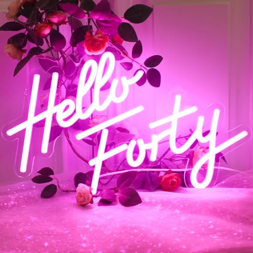 Image of Hello Forty Neon Sign 40th Birthday LED Neon Light for Forty Birthday Party Decor Hallo Forty Party Favors Personalized Gift for Girls