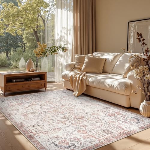 jinchan Distressed Vintage Area Rug 5x7, Soft Non-Slip Washable Living Room Rug with a Faded Medallion Pattern, for Dining Room Bedroom and Home Office, Red Multi