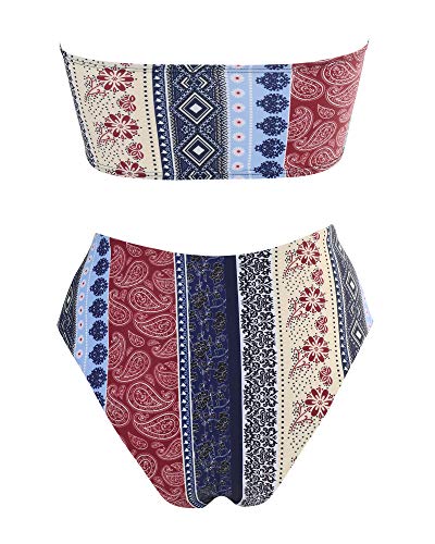 OMKAGI Women Floral Bandeau Bikini Set Vintage Print High Cut 2 Piece Swimsuits(X-Large,Muticolor) - Image 4