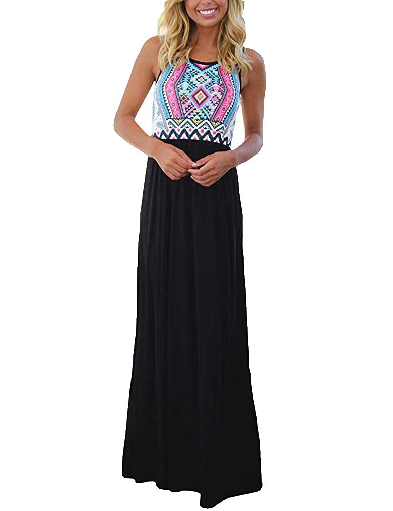 Sherosa Women's Summer Sleeveless Boho Floral Maxi Dresses Chevron Striped Casual Tank Flowy Long Sundress Beach Vacation