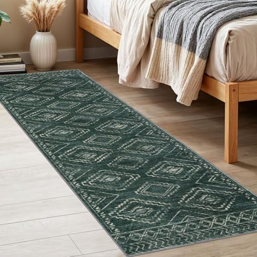 KILOCOCO Boho Kitchen Runner Rug 2x6 Washable Runner Rug, Soft Runners for Hallways Non Slip Printed Distressed Laundry Room Rug, Low-Pile Rug for Entryway/Bedroom/Living Room, Green