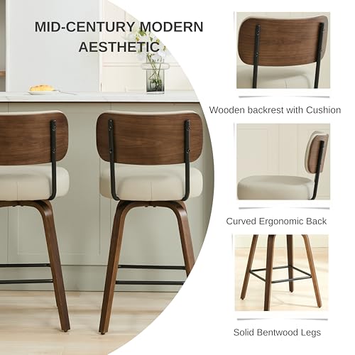 Image of Swivel Bar Stools Set of 2, 30 inch Upholstered Bar Height Stools with Back and Walnut Wood Legs, Faux Leather Barstools for Kitchen Counter, Beige Gray