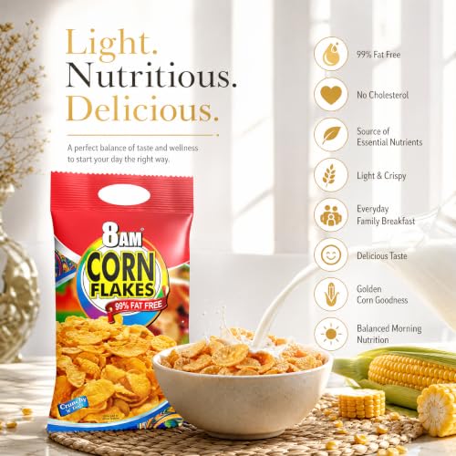 Image of 8AM Corn Flakes 500g, 92% Corn, 99% Fat Free, No Cholesterol, Trans Fat, Artificial Additives, Vitamins B1, B2, B3, B6, B9, Iron, Calcium, Crunchy & Nutritious Cereal