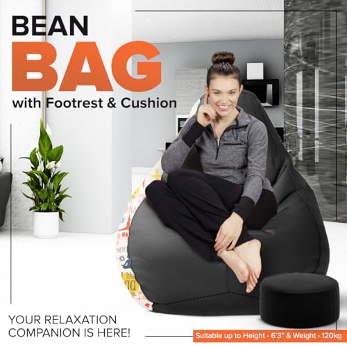 Image of Amazon Brand - Solimo Premium Faux Leather Bean Bag Combo with Footrest & Cushion, Filled with Beans | Capacity: Upto 6 Ft 3 in Height, 120 KG Weight | 4XL | Yoga se Hoga | Black