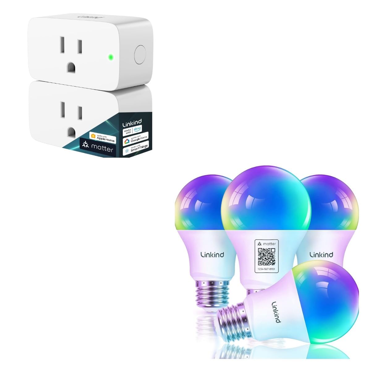 Linkind Matter Smart Light Bulbs 4 Pack with Linkind Matter Smart Plug 2 Pack