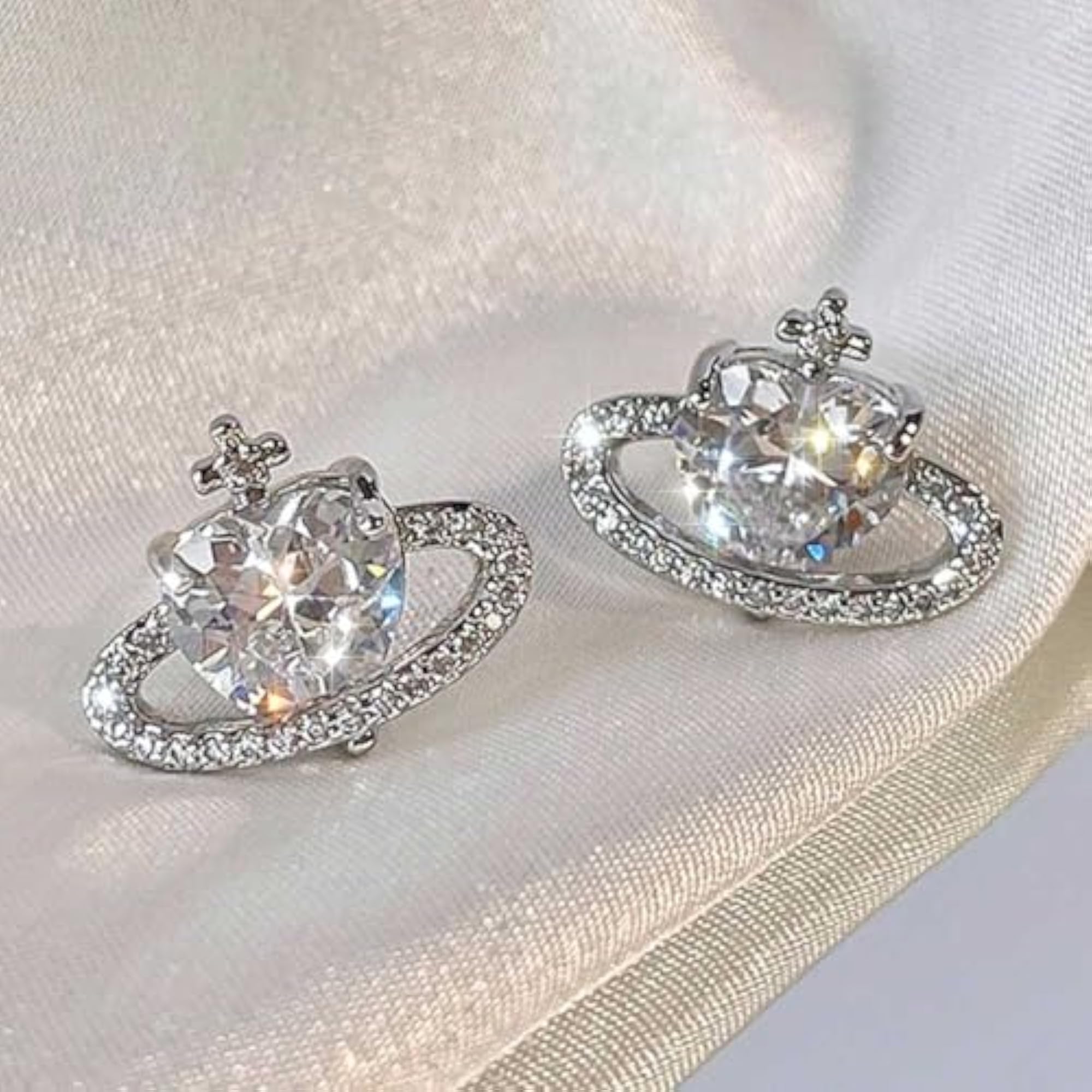 Love Planet CZ Stud Earrings, Silver Plated