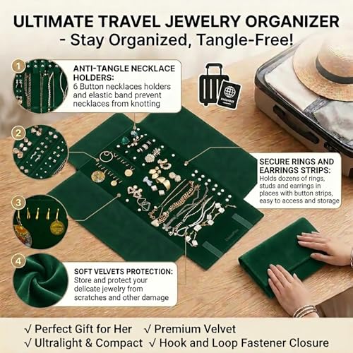 Image of UnionPlus Travel Jewelry Roll Organizer, Green