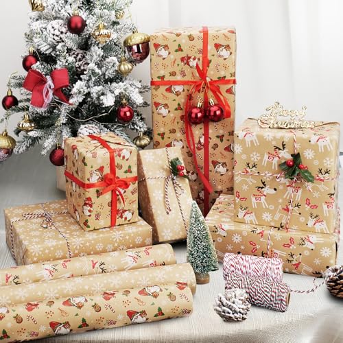 44cm×15M Christmas Wrapping Paper Roll,Recyclable Kraft Wrapping Paper Printed with Santa Claus for Birthday Xmas Party Gift Boxes Present Decorations - Image 6