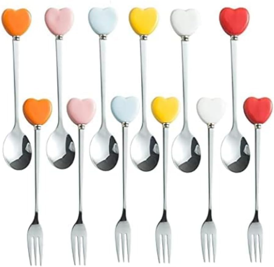 Ceramic Handle Stainless Steel Coffee Dessert Spoon Children's Spoon Fruit fork Dessert cake fork 5.9in (15 cm) Mini Tea Spoon,Cute cartoon design. (love-12 pcs)