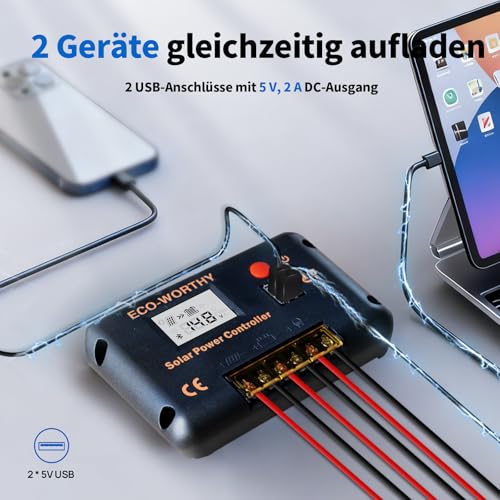 ECO-WORTHY 30A laderegler solar 12v /24v PWM mit Bluetooth & APP Überwachung, Intelligenter Batterie Controller für Solarpanel mit 2 USB-Anschlüssen für AGM/LiFePO4/GEL im Wohnmobil Solar System
