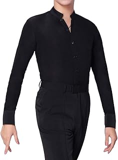 Camiseta de baile latino para hombre, manga larga, elástica, moderna, color negro