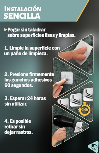 Menz ganchos adhesivos para pared inox, 6 piezas - toalleros de baño sin taladro - colgadores autoadhesivos resistentes, percha para albornoz ropa paño de cocina, Plateado - imagen 6