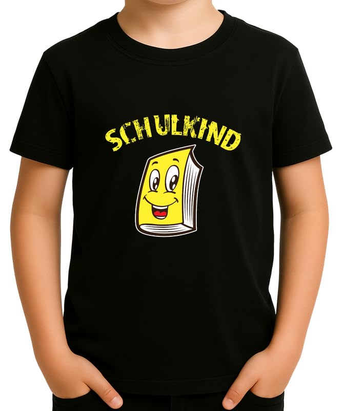 Schulkind - Libro in cartone animato con allegro libro giallo per l'inizio della scuola, design divertente per fieri di prima elementare ragazzi e ragazze, Nero , 10 anni
