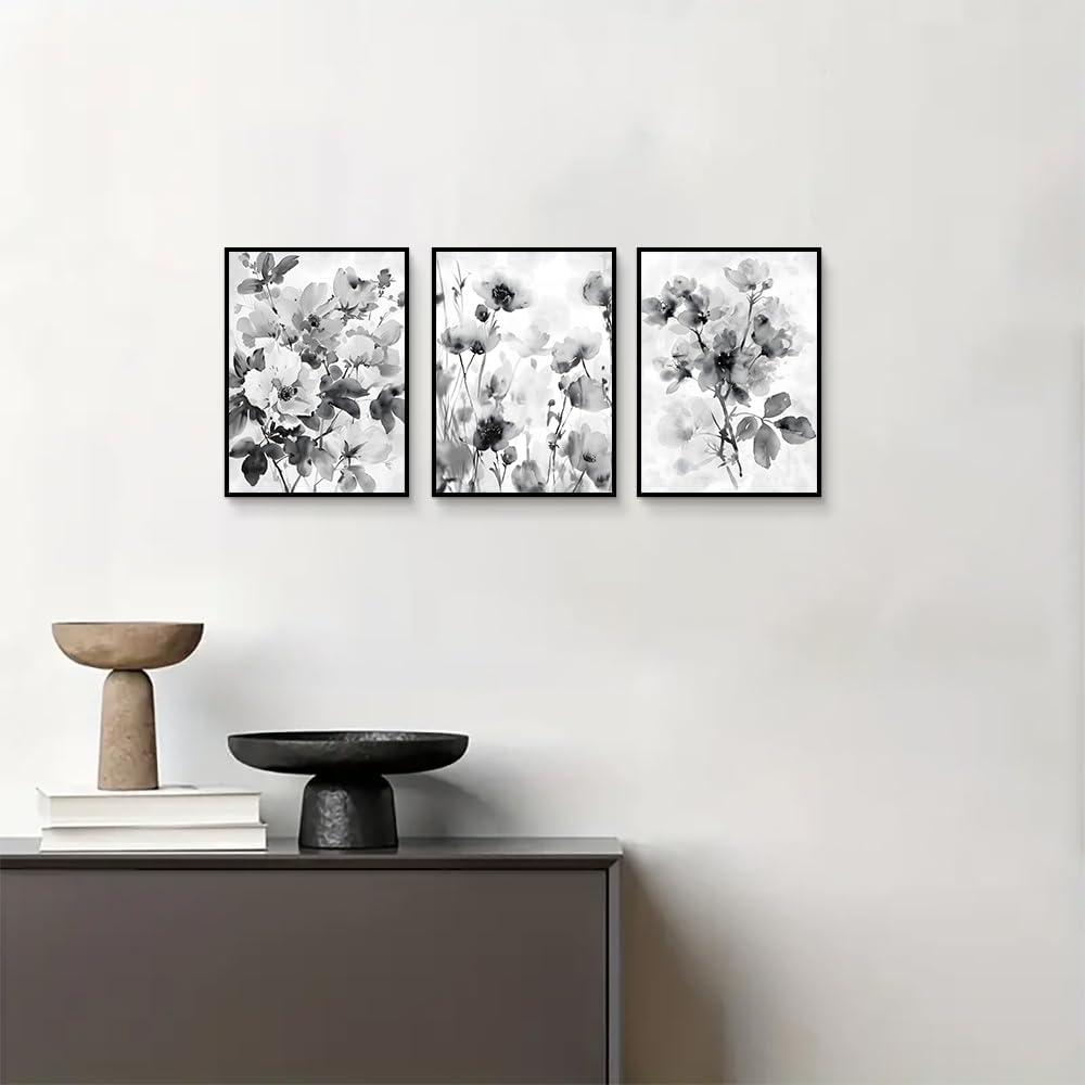 ARTZIO Abstract Canvas Black And White Wall Art,Floral Plant Wall Decor,Framed Watercolor Oil Painting Canvas Print,Decorations For Bedroom,Farmhouse Bathroom Decor,Set Of 3pc 12x16in Ready To Hang