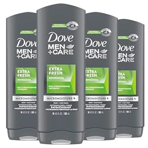 Dove Men+Care Body Wash Extra Fresh 4 Count for Men’s Skin Care Body Wash Effectively Washes Away Bacteria While Nourishing Your Skin 18 oz