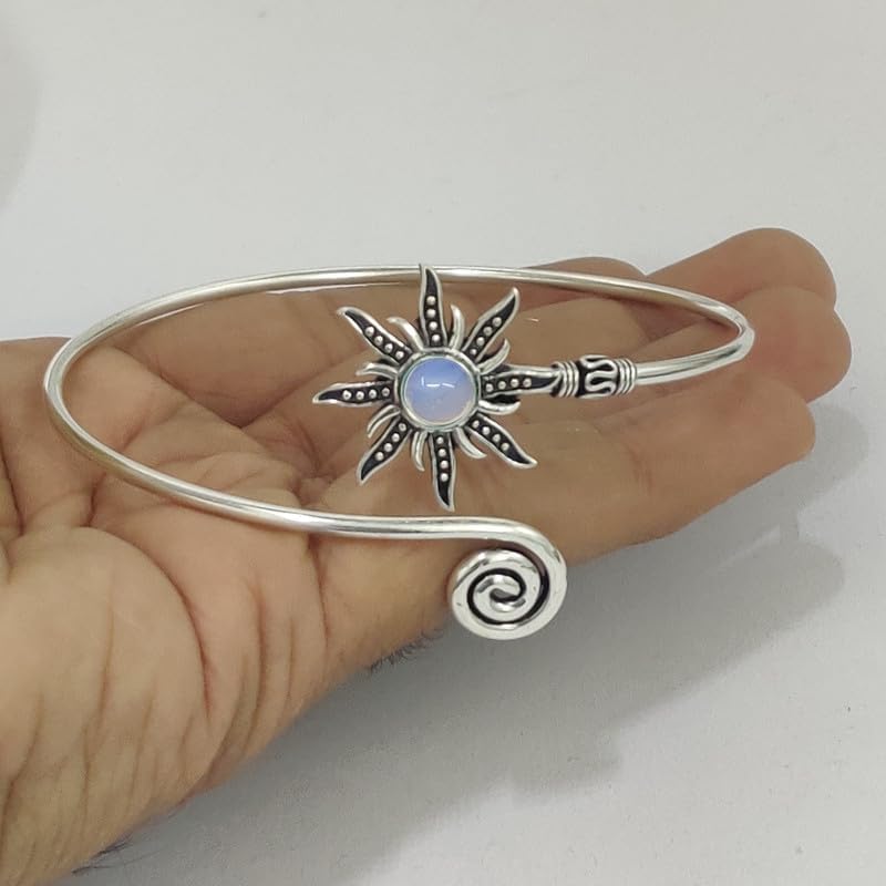 Silver Sunburst Arm Cuff, Opal Stone Boho Upper Arm Bracelet, Spiral Arm Cuff, Gemstone Armlet, Sun Bohemian Jewelry Gift
