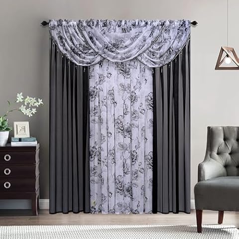 Sapphire Home Floral Sheer Curtains - Multicolor Flower 4 Panels Set with Valances, 95" Long, Privacy Voile Window Curtains for Living Room, Bedroom, Kitchen, Dining Room - Sandy/Black Cover