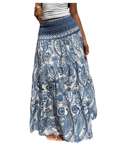 WDIRARA Women's Boho Paisley Maxi Skirt Layered Ruffle Smocked High Waisted Flowy A Line Skirts