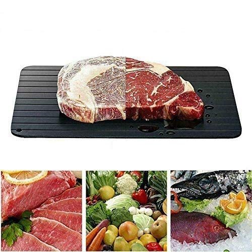 MantraRaj Defrosting Tray, Aluminium Meat Thaw Plate with Grooves & Spill-Proof Silicone Angles, Defrosting Board Kitchen Accessories for fast Thawing Frozen Foods - Non-Stick 21 x 30 x 2.1cm