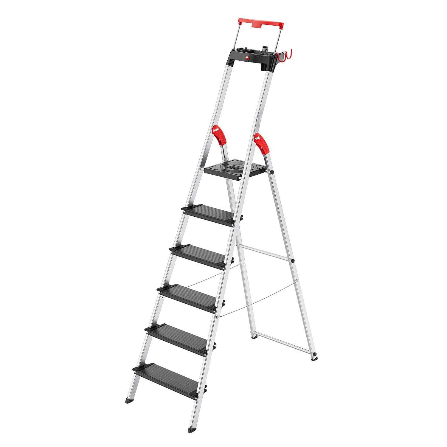 Hailo TopLine L100 8050-307 Aluminium Safety Stepladder with Multifunctional Shell, Safety Holder, Platform Lock and 130 mm Extra-Deep Steps, Black, 8050-607