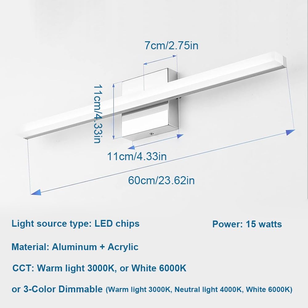 Lampada Specchio Moderna Argento, Applique Bagno Lineare Minimalista Luce per Specchio LED per Trucco Rasatura(Warm light,60cm/23.62in)