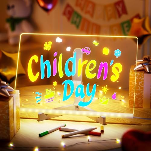 LED Drawing Board 12X8 Light Up Acrylic Dry Erase Board Glow Note Board with Stand & Markers Magic Doodle Writing Pad for Kids Office Home - Clear Neon Message Board Desk Calendar Gift