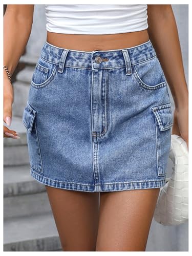 SHENHE Women's Jean Mini Flap Pocket Cargo Denim Skirt Summer Casual Mini Skirt4