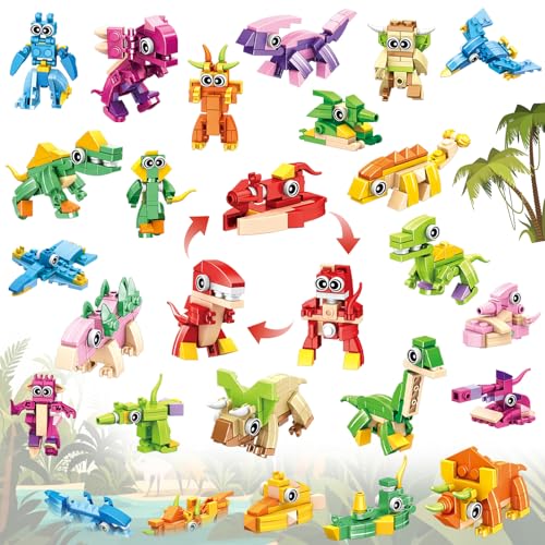 BOPEGOLO 36 paquetes de bloques de construcción de dinosaurios 3 en 1, recuerdos de fiesta, rellenos de calcetines transformables, premios para el aula, bolsas de regalo, regalos de Pascua, juego de
