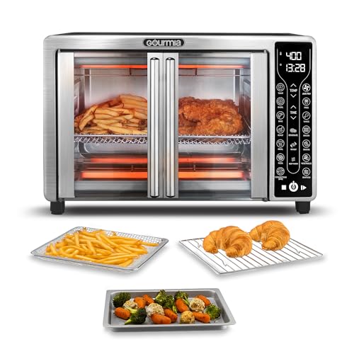 Image of Gourmia French Door Air Fryer – 25 Qt Large Capacity Convection Oven, Fryfroce 360°, Digital Display with 17 Cooking Presets, Bake, Toast, Roast, Dehydrate, Fits 12” Pizza