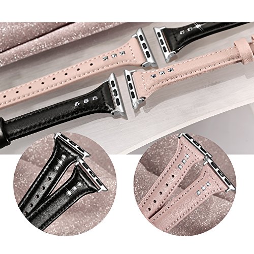 Secbolt Leather Bands Compatible With Apple Watch Band 38Mm 40Mm 41Mm Iwatch Se Series 8 7 6 5 4 3 2 1 Slim Replacement Wristband Strap Stainless Steel Buckle, Black With Rhinestone #TOP5