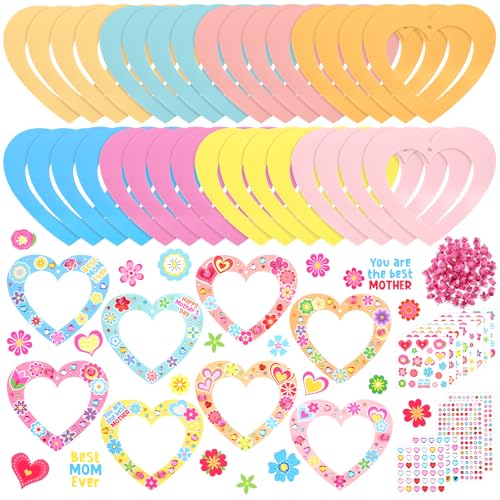 Motipuns 72 Pcs Mothers Day Craft Kits DIY Mother's Day Craft for Kids with Heart Wreath Heart Flower Gem Stickers Pom Poms Ribbon Foam Dots Paper Gifts for Mom Grandma Ladies Classroom DIY Activity