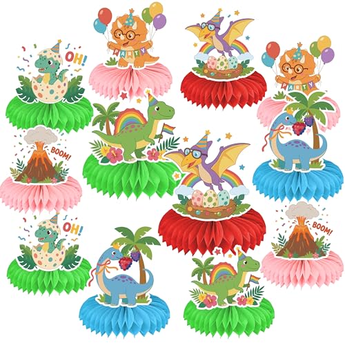 12 Pcs Dinosaur Centerpieces for Tables, Cute Cartoon Dino Honeycomb Table Decorations for Boys Girls Birthday Party Baby Shower, Colorful Prehistoric Animal Desktop Decor Supplies