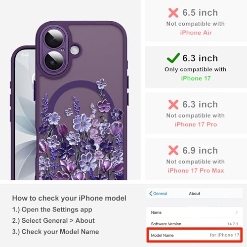 Image of Magnetic for iPhone 17 Case for Women Girls, Dark Purple Floral | Cute Oil Painting Flower Pattern Design [Compatible with MagSafe] [Full Camera Protection] Slim Bumper Matte Protective Cover