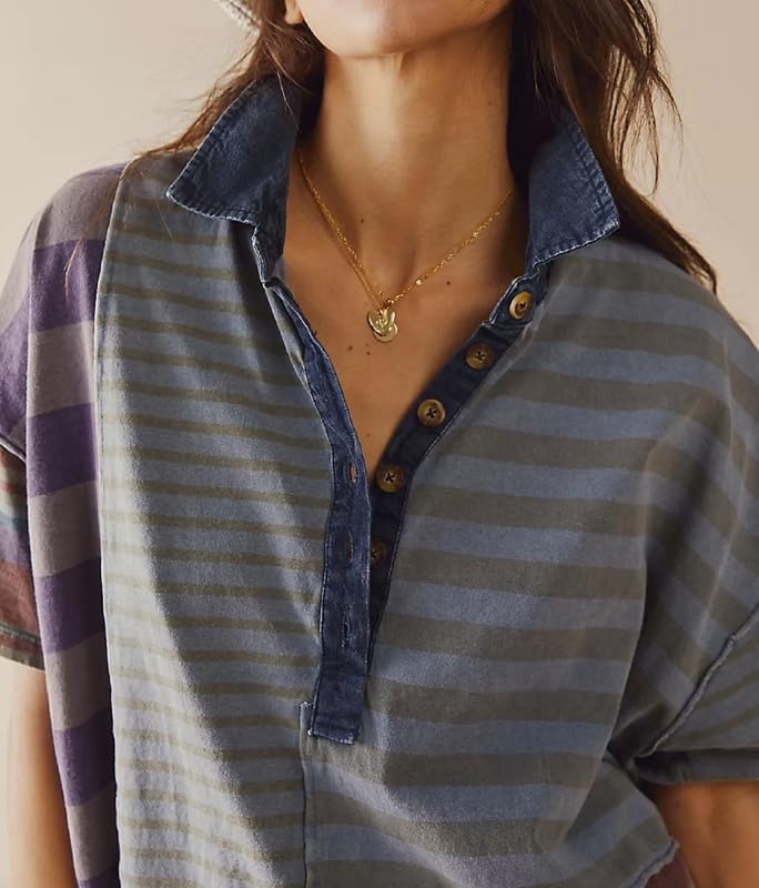 Image of NUFIWI Y2K Striped Shirt Mini Dress for Women Oversized Stripe Tunic Tshirt Dresses Short Sleeve Buttons Loose Fit Tee Dress, Small, Gray