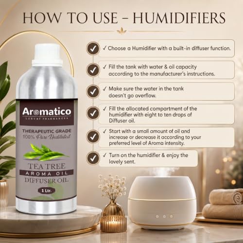 Image of AROMATICO Tea Tree Diffuser Oil with Strong, Long-Lasting Aroma. Premium Aroma Oil for Homes, Offices & Showrooms. Aromatherapy, Diffusers, Air Purifiers, Vaporizers - 1 L (1000 ml)