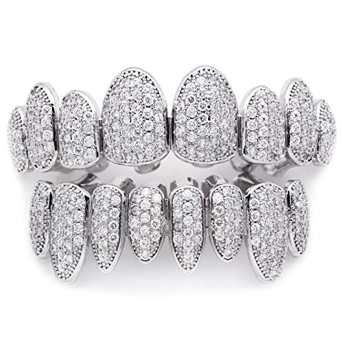 OOCC Zircon Plated Iced Out Grills Caps with Diamond Hip Hop Teeth Grillz Caps Top and Bottom Set for Your Teeth