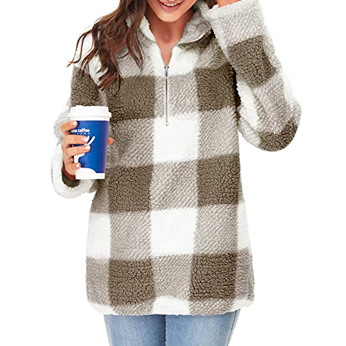 Image of Womens Fuzzy Plaid Jacket Warm Fleece Sherpa Sweatshirts Quarter Zip Pullover Soft Fluffy Long Sleeve Oversized Coat Winter, Khaki, Large