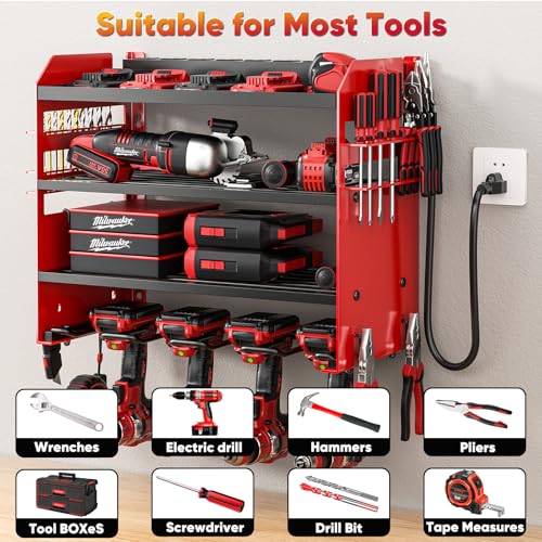POKIPO Power Tool Organizer Wall Mount with Charging Station,Tool Storage Rack with 8 Outlet Power Strip,Heavy Duty Metal Battery Utility Rack with 4 Cordless Drill Holder 6.56 Ft Cord for Garage - Thumbnail 3