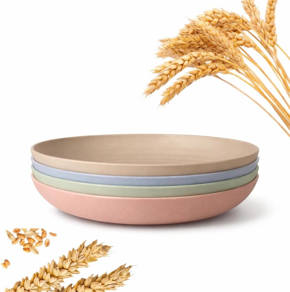 Conjunto 4 Pratos de Palha de Trigo e Plástico Coloridos Sustentáveis Fáceis de Limpar Ideais para Refeições Festas Uso Diário Resistentes ao Calor e Quedas