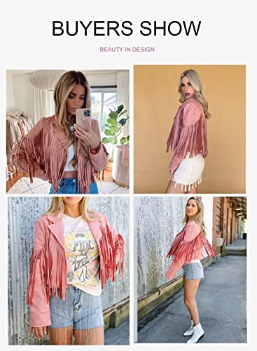 Lafouram Women's Fringe Jacket Suede Faux Leather Motorcycle Crop Tops Western Outfit For Cowgirl Light Pink Medium #TOP4
