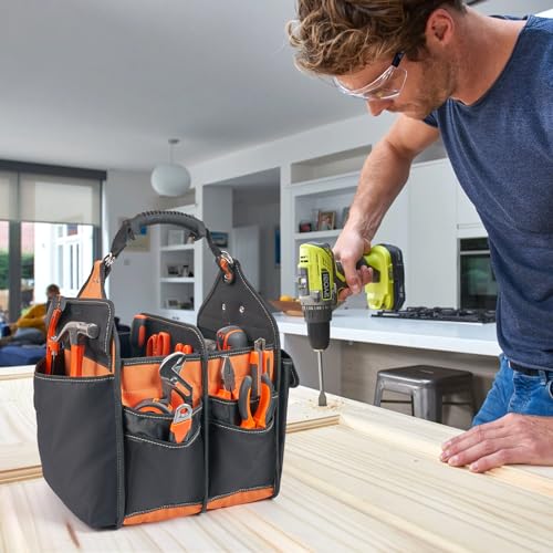 12 inches Open Top Tool Bag: Tool Bags for Men - Tool Tote Bag With Handle, 21 Pockets Tool Box Organizer Storage for Caddy Plumbers Shoulder Strap