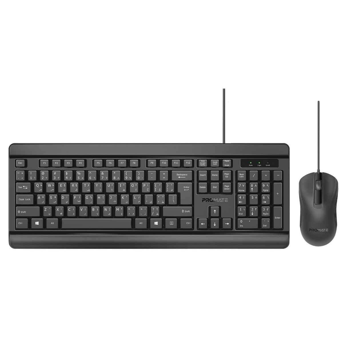 Promate Silent Wired Keyboard with Ambidextrous 1200 DPI Mouse, Silicone Grip and Spill-Resistant, English/Arabic buttons, Combo-CM6